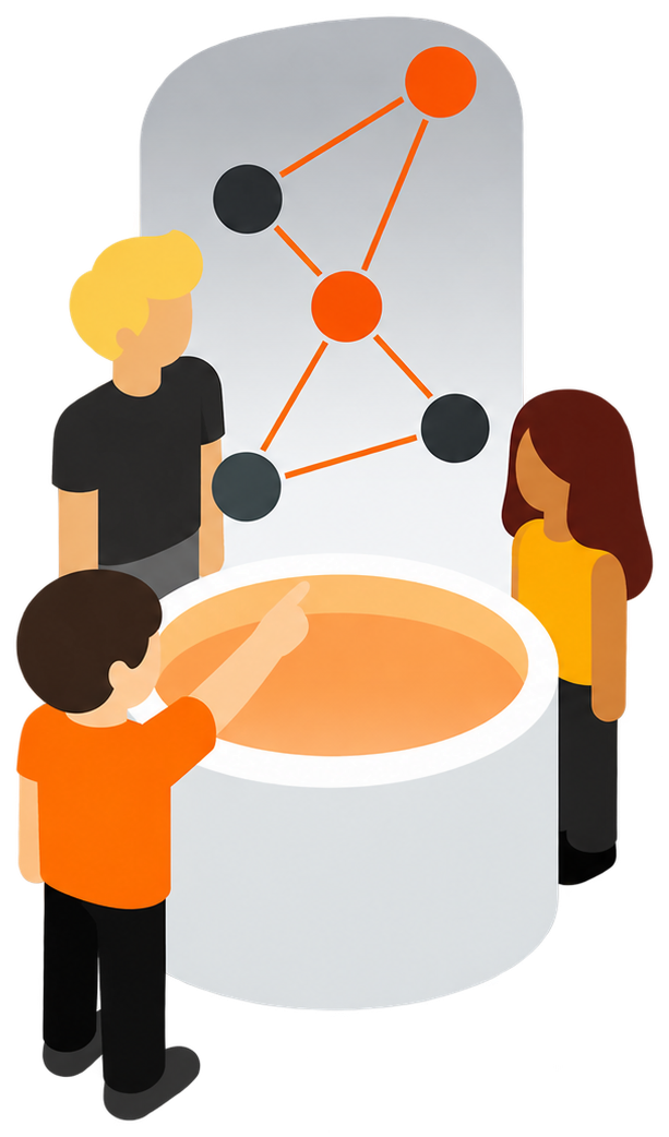 Team gathered around a data hub reviewing connected business insights