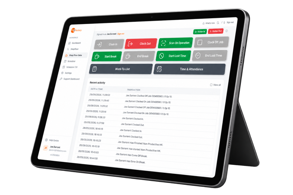 Fitfactory Shop Floor Data Collection on a tablet, showing clock in/out, job, break and lost time buttons with recent activity