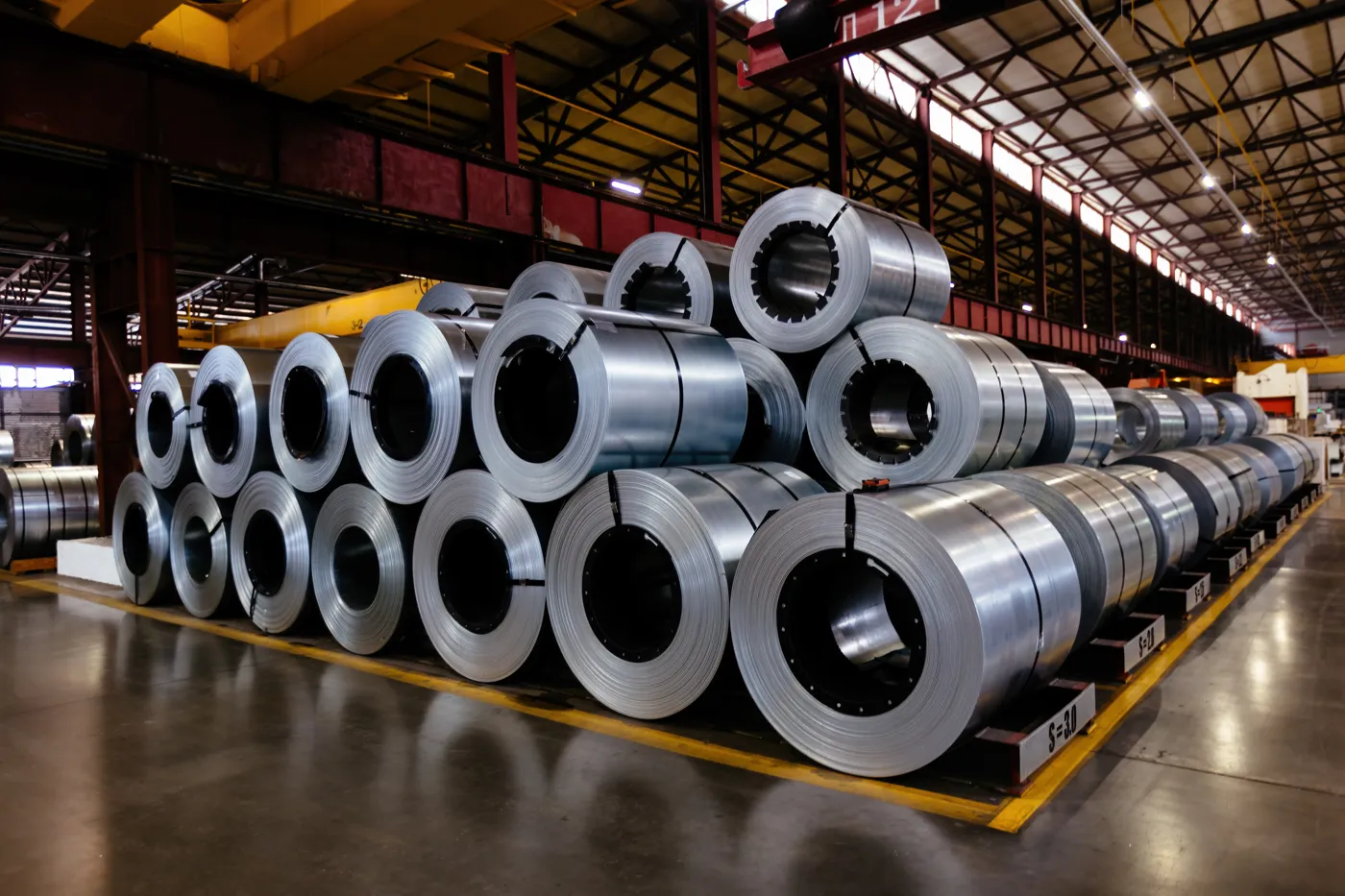 Coils of plated steel stored in a factory