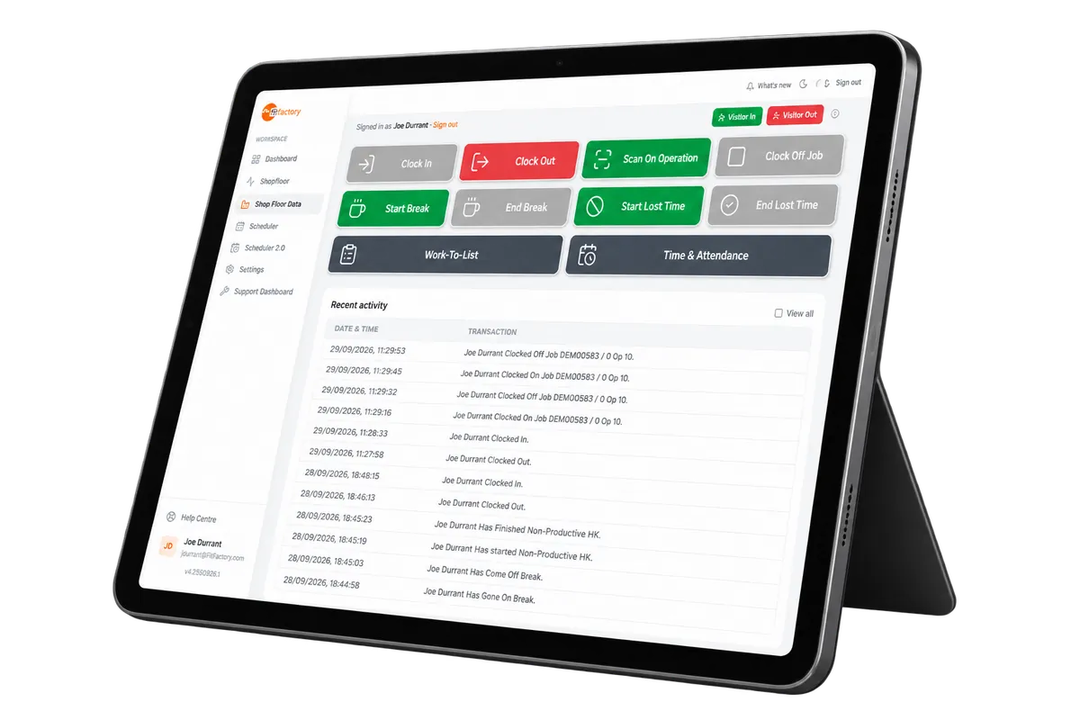 Fitfactory Shop Floor Data Capture on a tablet showing clock in, work-to-list and recent activity