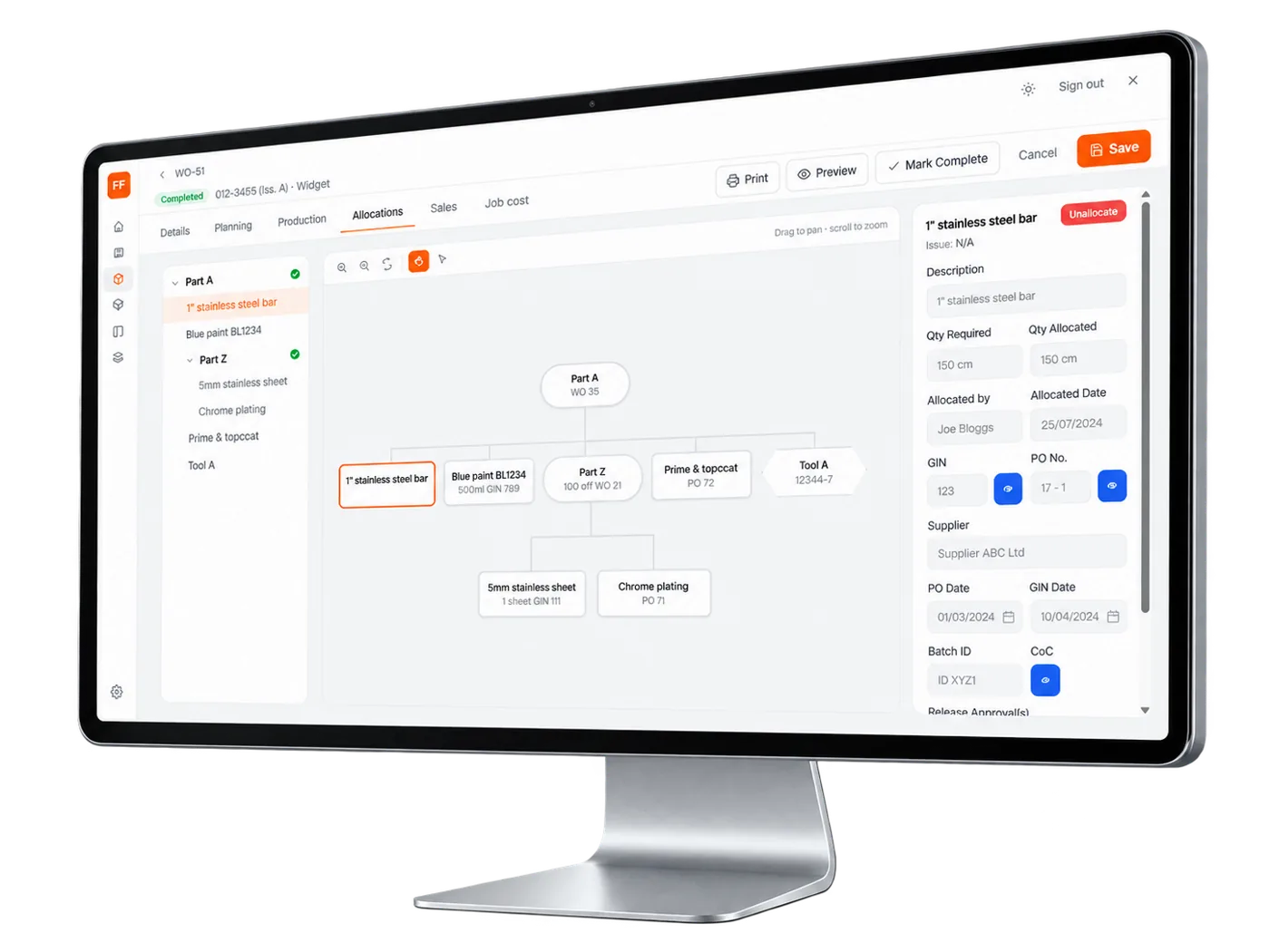 Fitfactory Tricorn MRP works order allocations screen on a desktop monitor