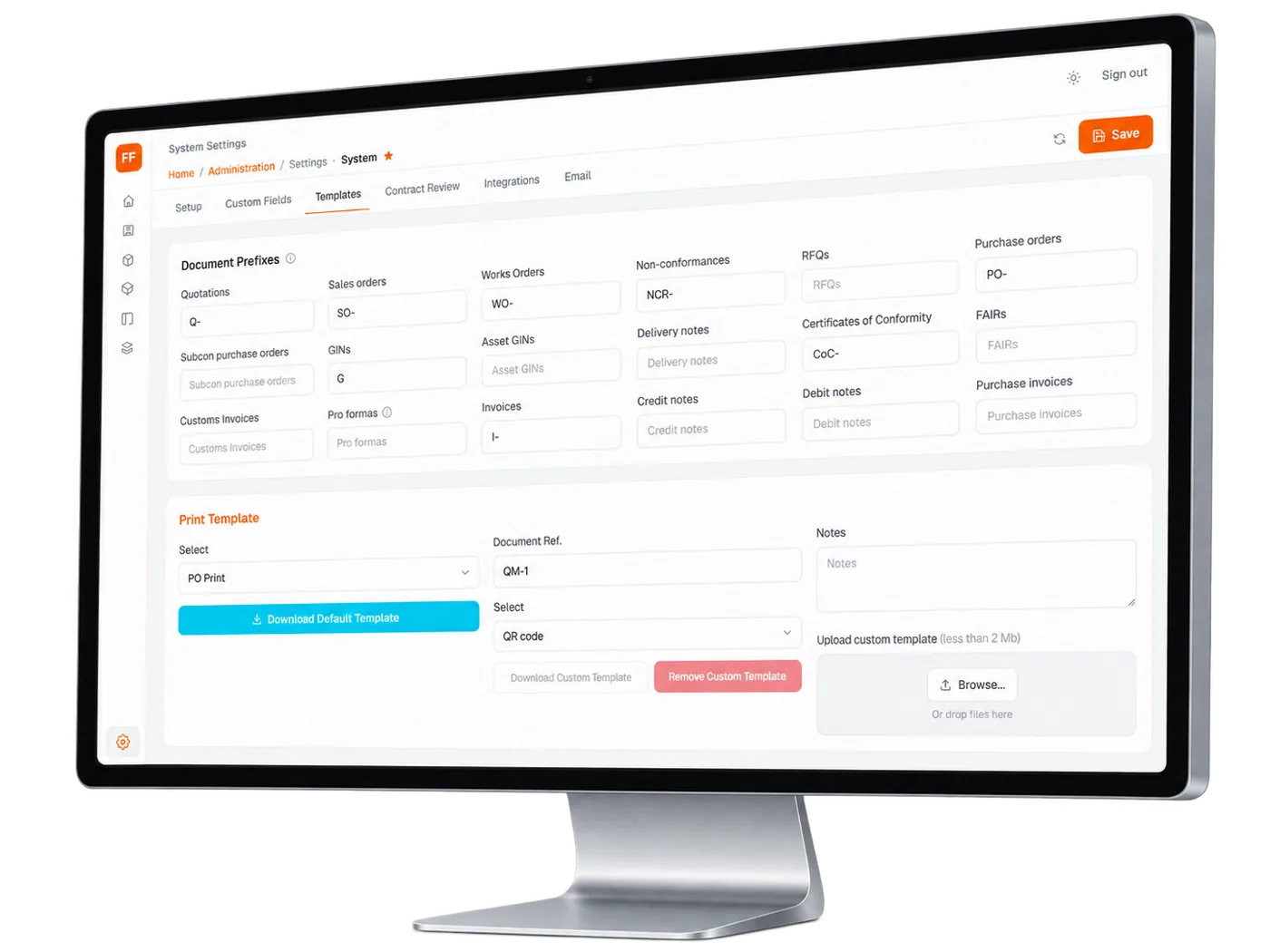 Fitfactory Tricorn MRP system settings and print templates on a desktop monitor