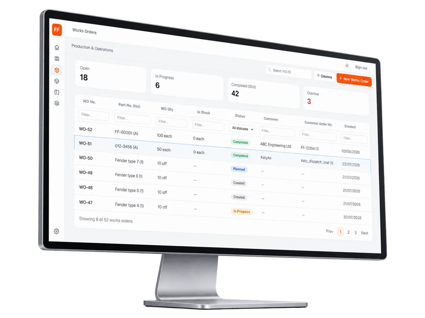 Fitfactory Tricorn MRP works orders dashboard on a desktop monitor